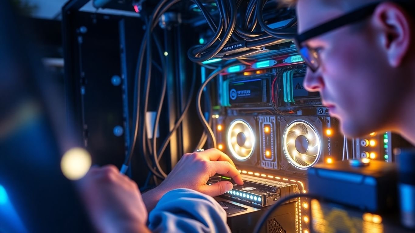 Fotografia de um minerador trabalhando em uma rig de criptomoedas.