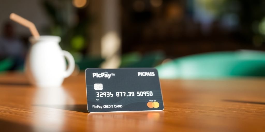 Cartão de crédito PicPay sobre uma mesa de madeira.