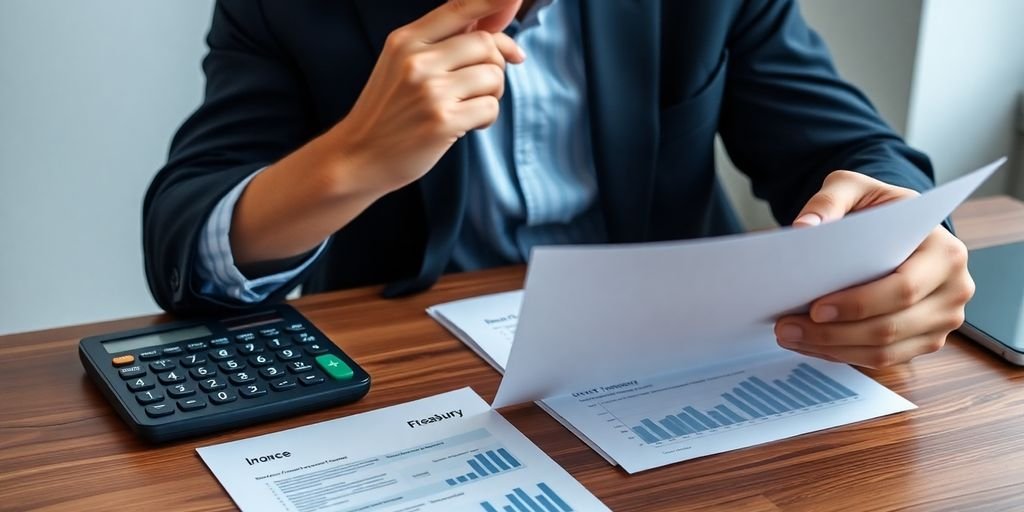 Investidor analisando opções financeiras em mesa de madeira.