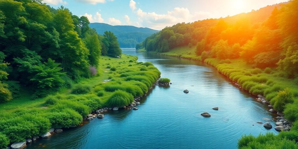Paisagem financeira tranquila com natureza e água.