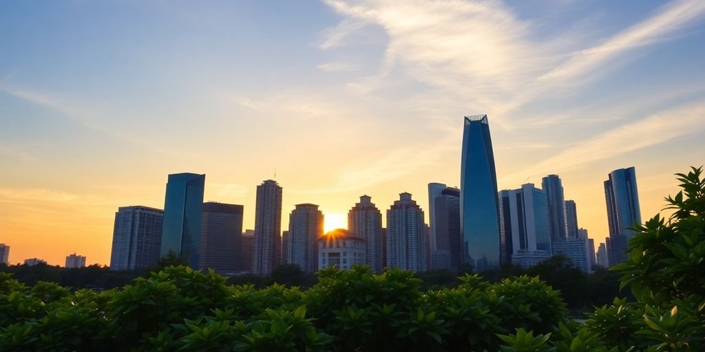 Cidade moderna ao amanhecer com vegetação ao redor.