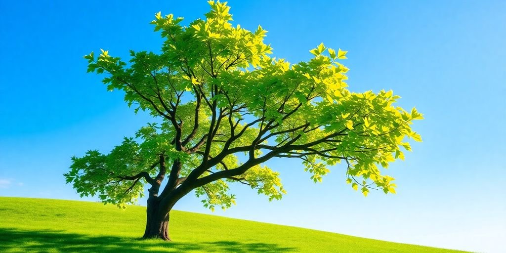 Árvore verde próspera sob um céu azul claro.