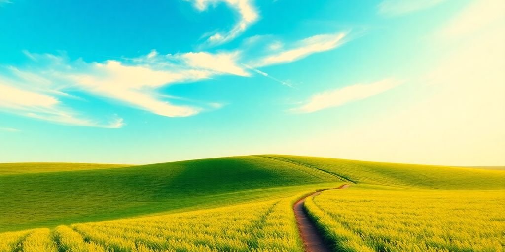 Campo verde com céu azul e caminho ao horizonte.