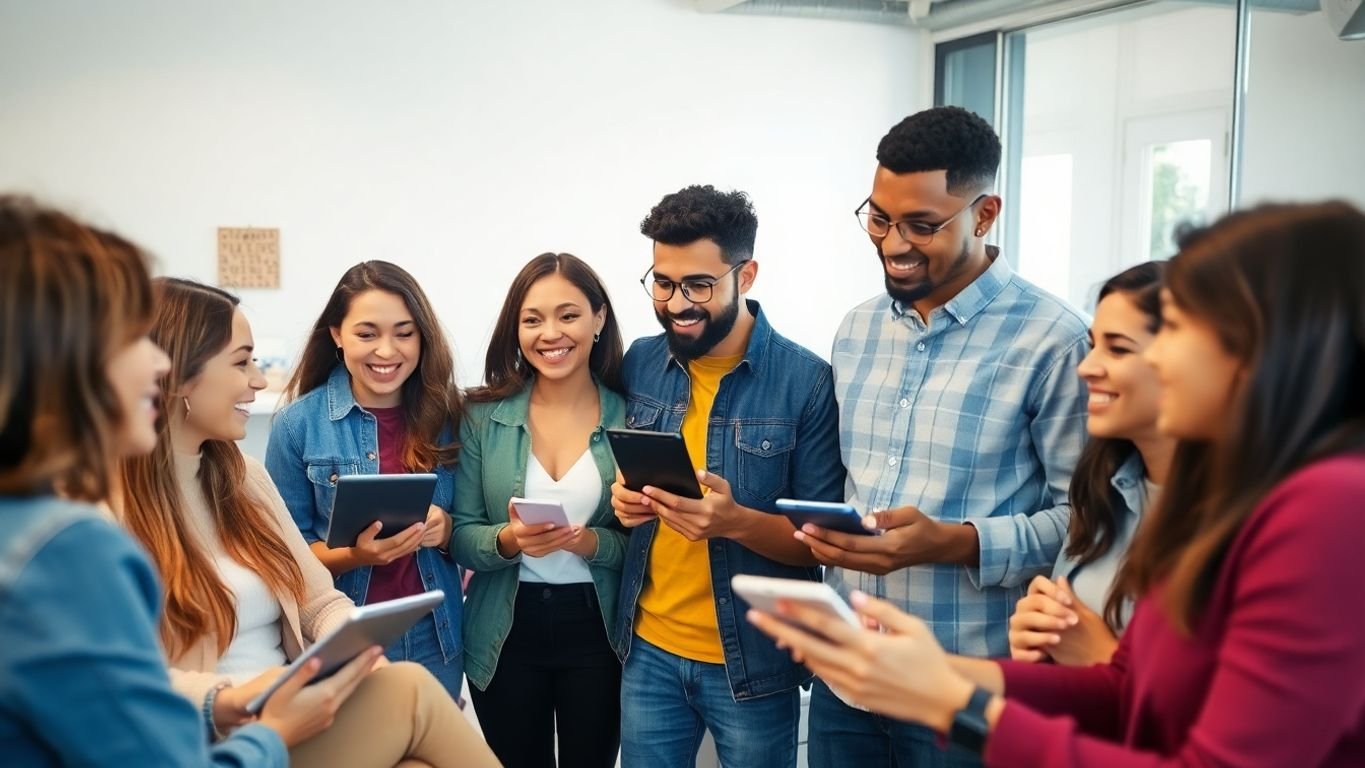Grupo de jovens discutindo sobre investimentos em ambiente moderno.