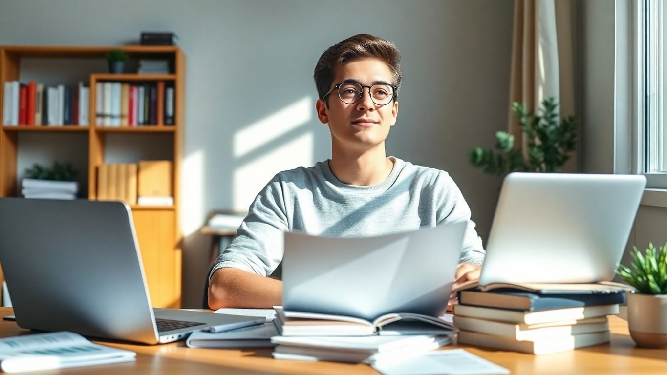 Pessoa jovem planejando investimentos com livros e laptop.