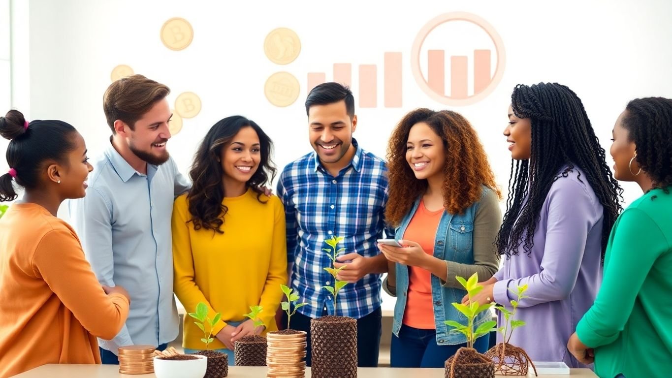 Grupo de iniciantes discutindo opções de investimento.