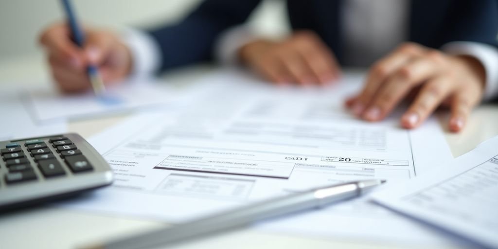 Pessoa analisando documentos financeiros e calculadora.
