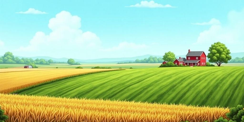 Paisagem rural com campos, culturas e uma casa de fazenda.