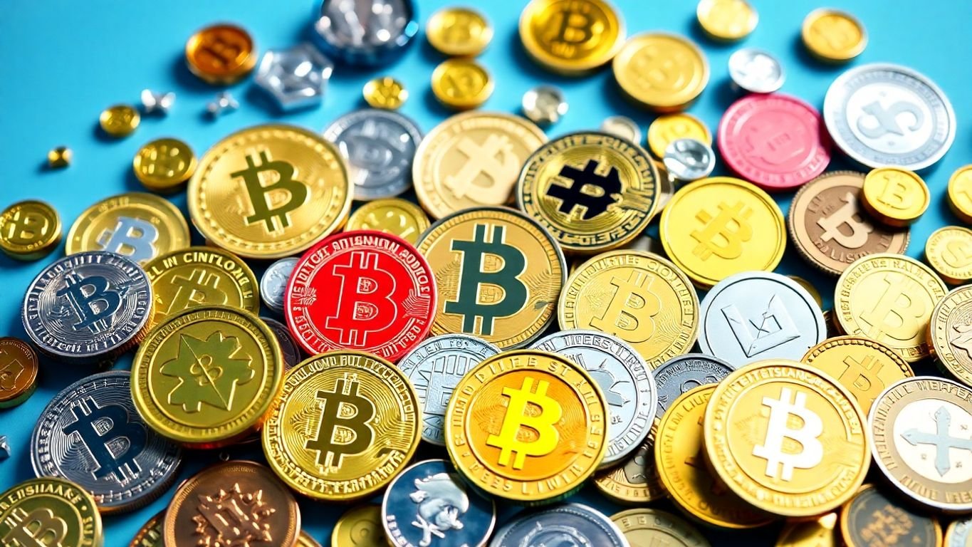 Imagem de várias criptomoedas em disposição dinâmica.