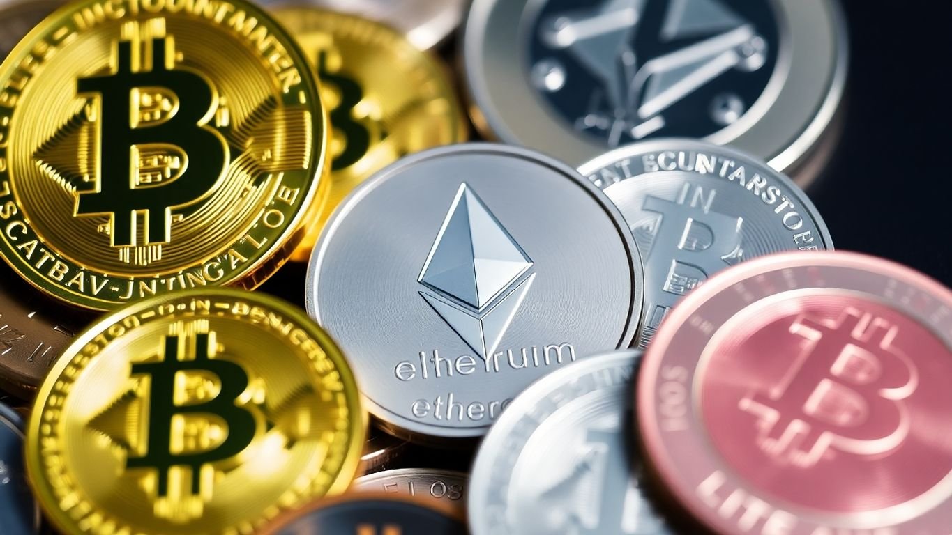 Várias criptomoedas em uma mesa com fundo desfocado.
