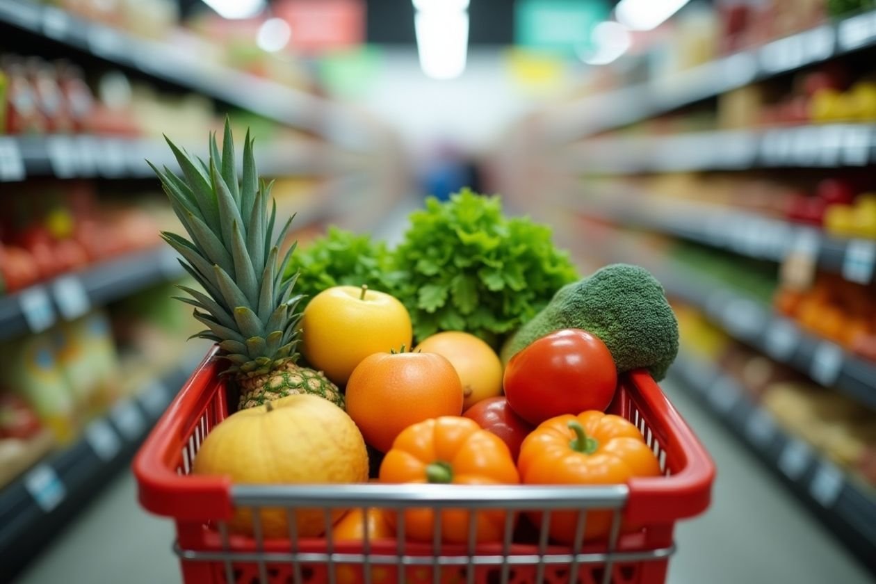 Carrinho de compras cheio de frutas e verduras.