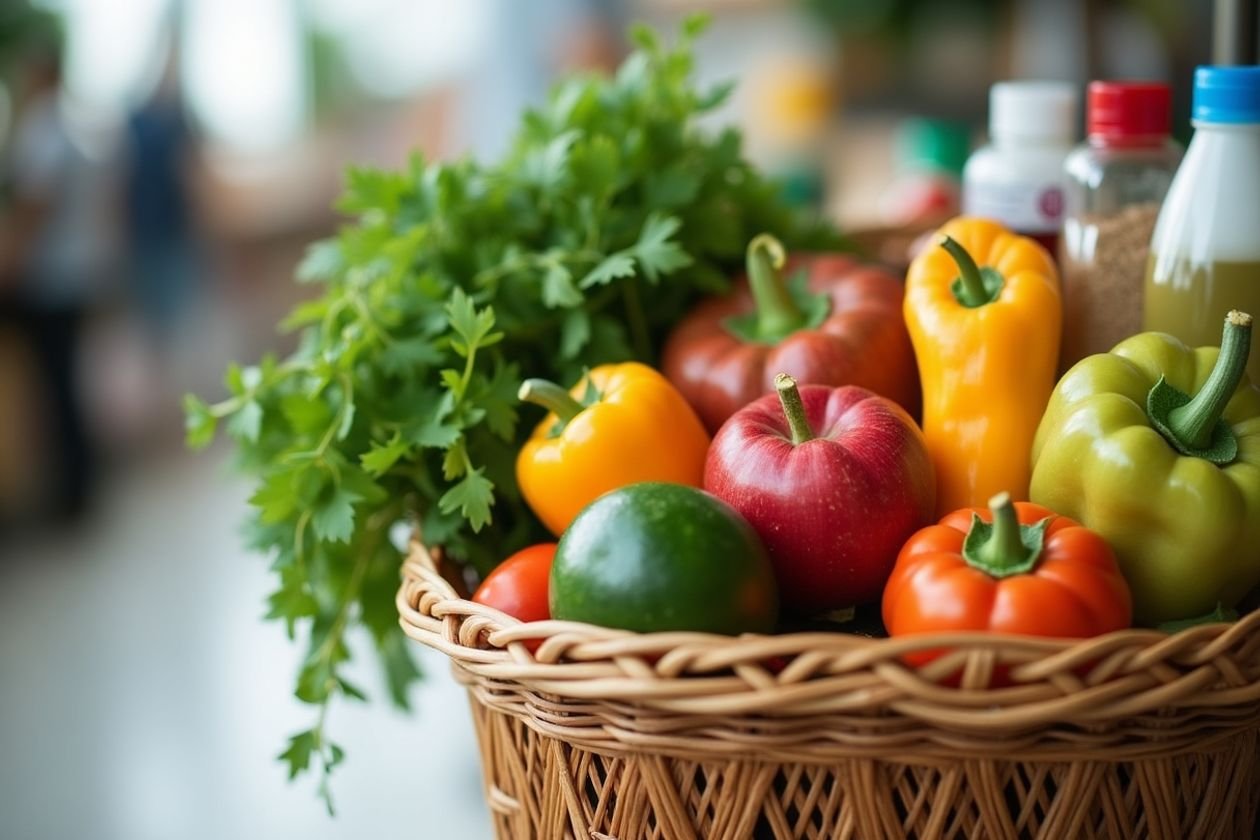 Cesta de compras cheia de frutas e verduras frescas.