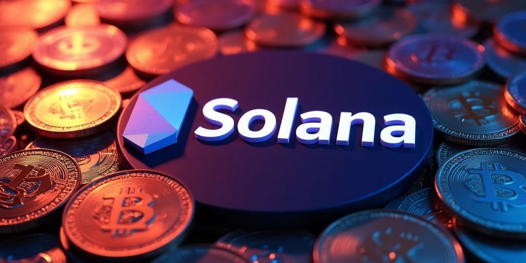 Logotipo da Solana com moedas de criptomoeda coloridas.