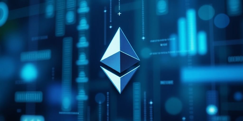 Logotipo do Ethereum em um fundo digital vibrante.