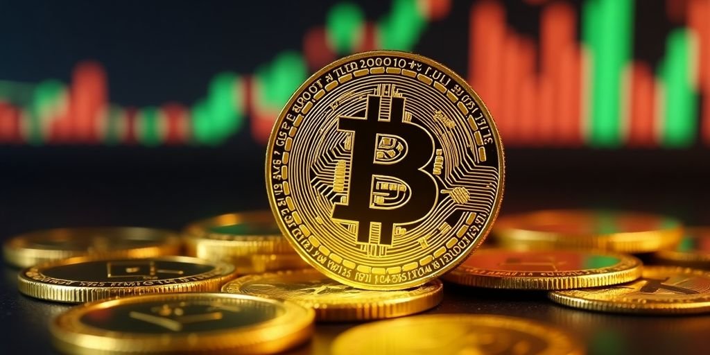 Imagem de uma moeda Bitcoin em fundo digital.