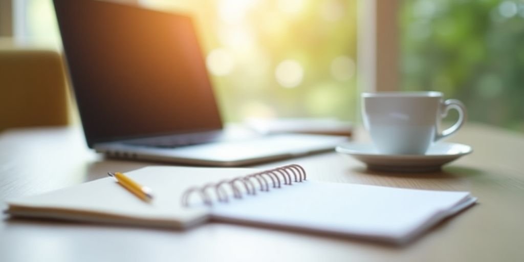 Espaço de trabalho com computador e caderno.