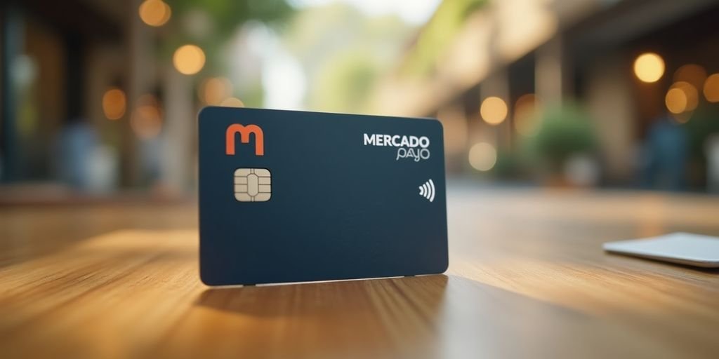 Cartão de crédito Mercado Pago sobre uma mesa de madeira.