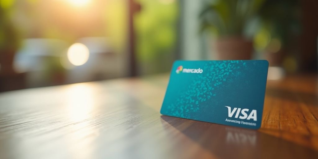 Cartão de crédito Mercado Pago sobre uma mesa de madeira.