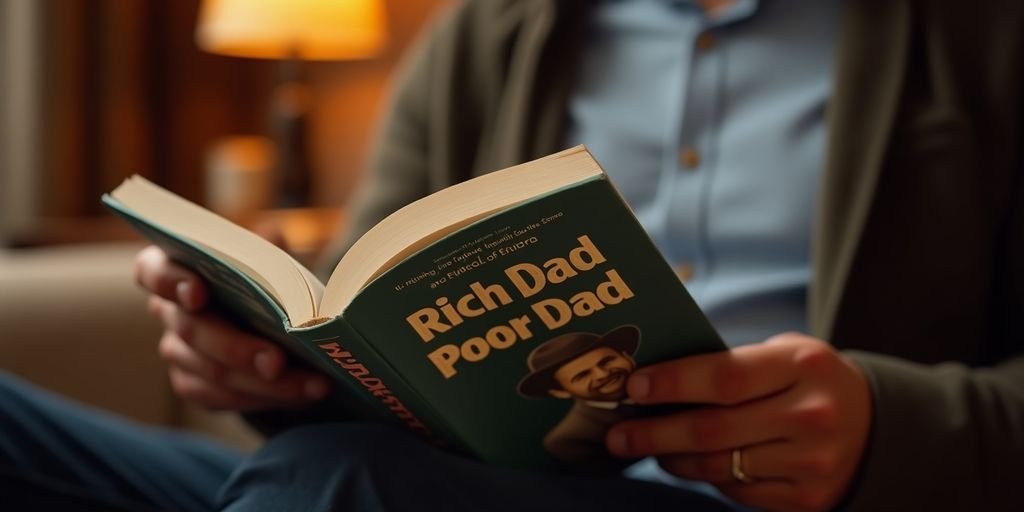 Pessoa lendo o livro Pai Rico, Pai Pobre.