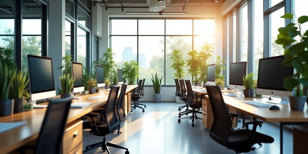 Escritório moderno com mesas, computadores e plantas vibrantes.