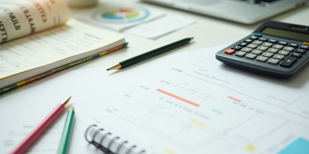Mesa organizada com material de planejamento financeiro.