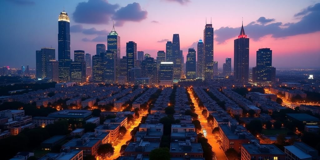 Imagens de arranha-céus e imóveis noturnos.