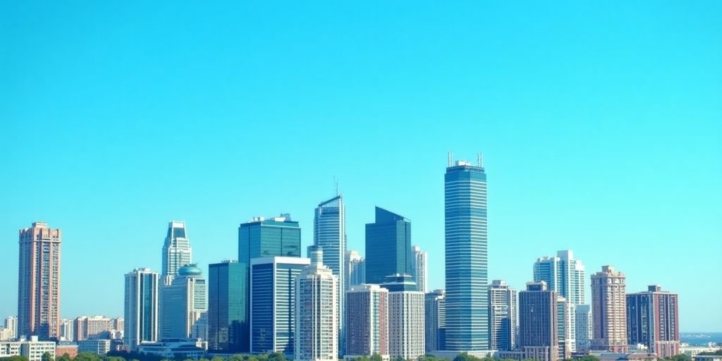 Imagem de um skyline urbano moderno com diferentes edifícios.