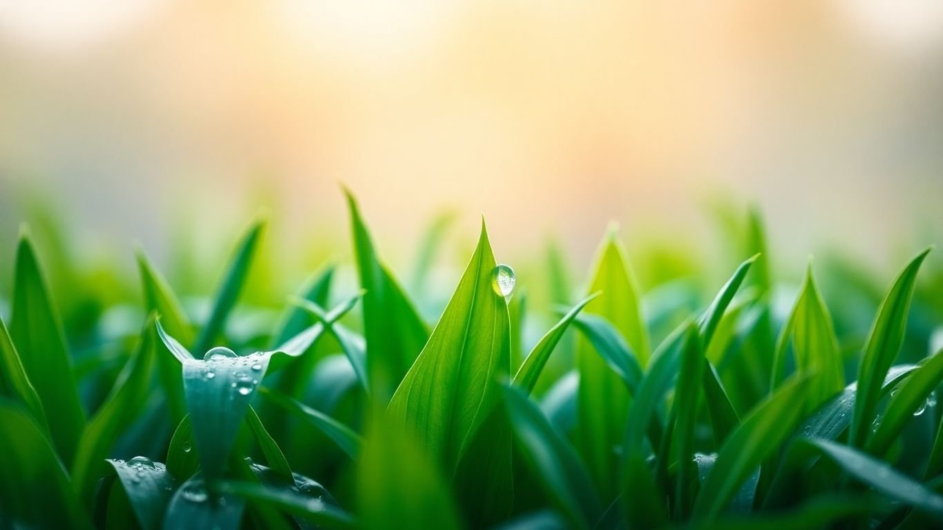 Plantas verdes exuberantes com gotas de orvalho.