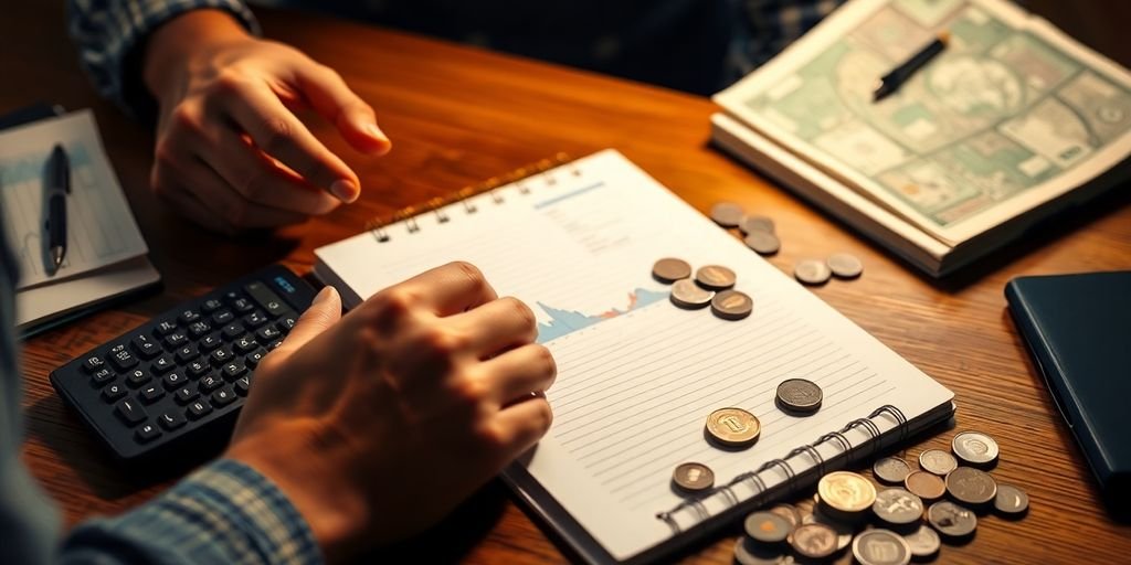Pessoa revisando finanças com calculadora e caderno.