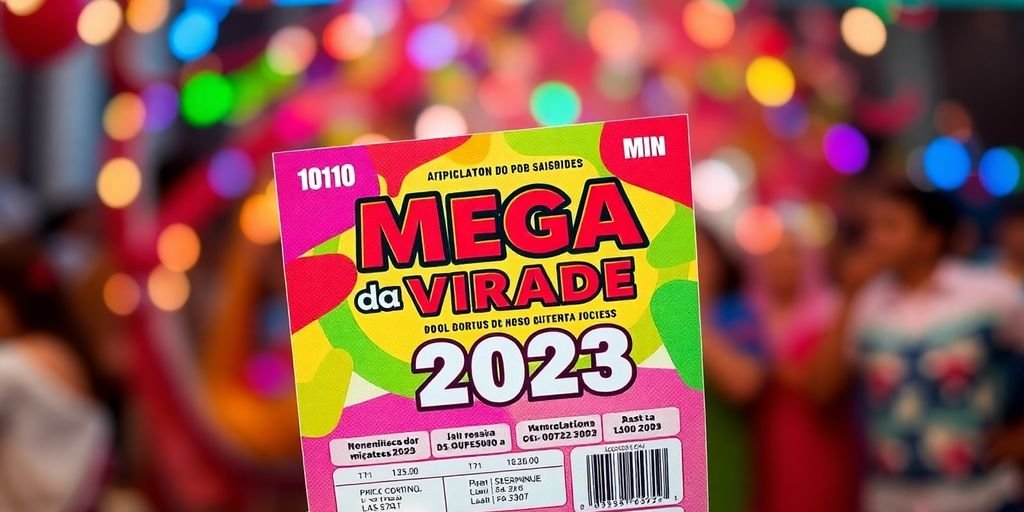 Bilhete de loteria com cores vibrantes e festivas.