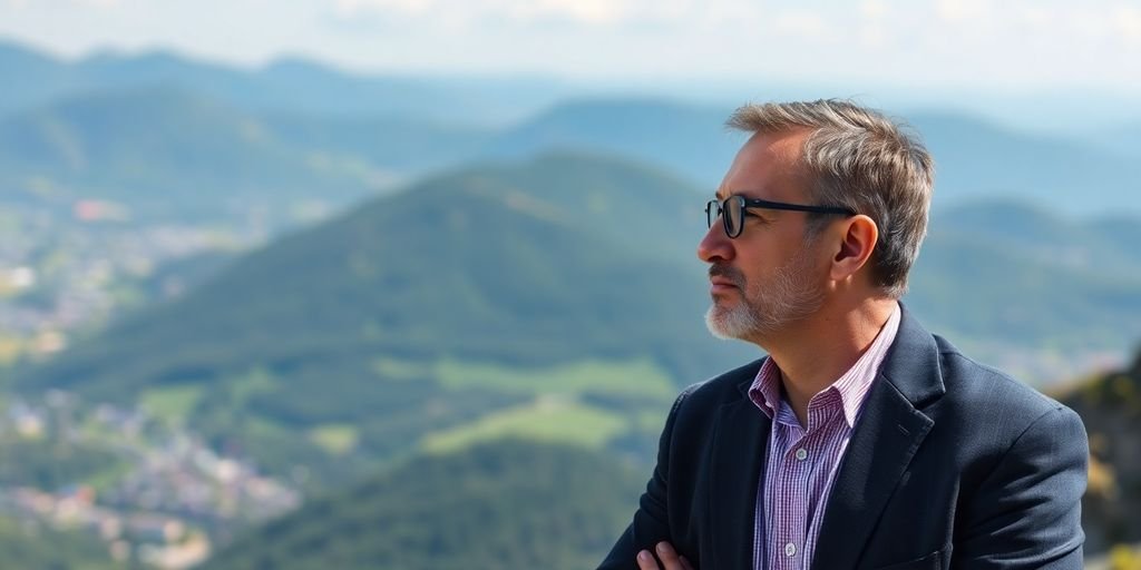 Investidor calmo contemplando vista serena para finanças.