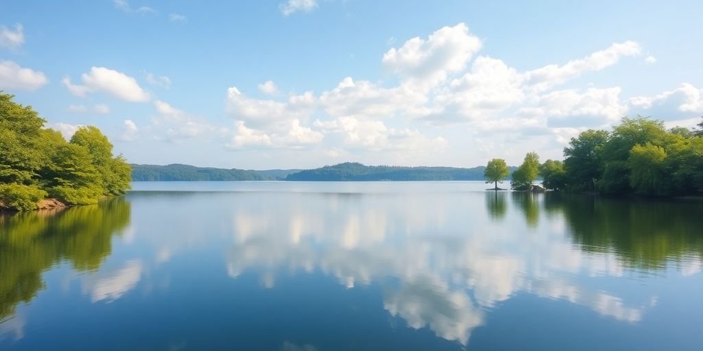 Lago sereno com reflexão do céu e árvores verdes.
