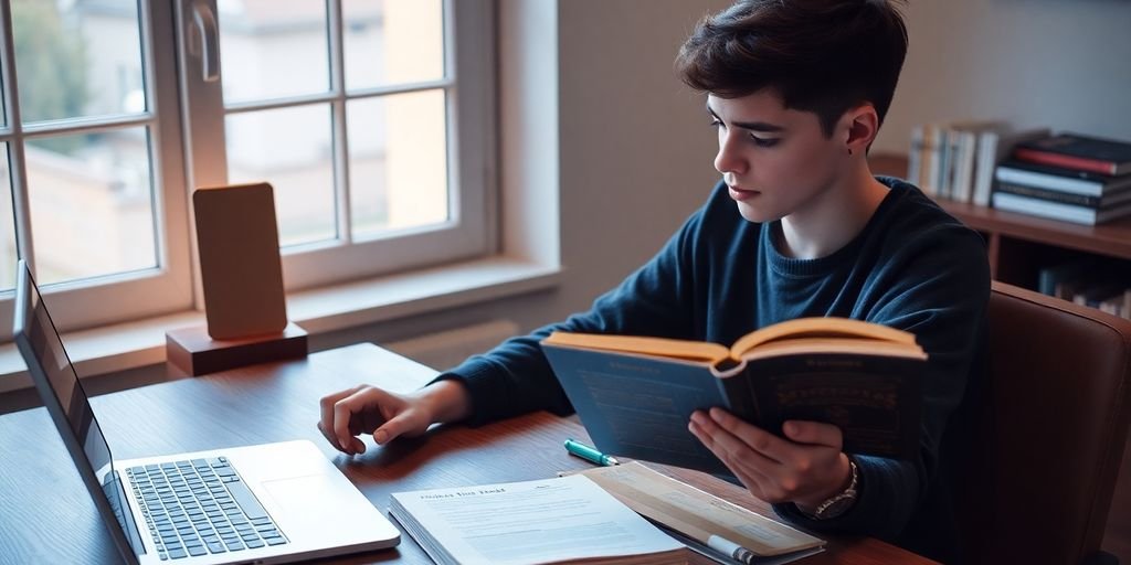Jovem estudando finanças com livros e computador.