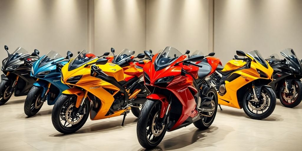 Coleção de motos luxuosas em ambiente elegante.