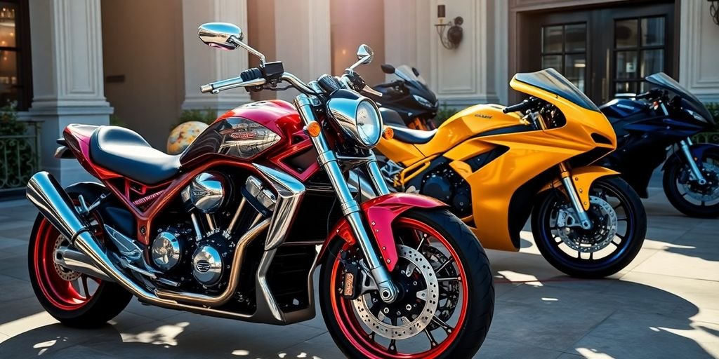 Motos luxuosas e caras em um ambiente elegante.