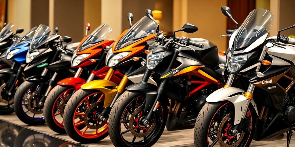 Motos de luxo em exposição, destacando design e velocidade.