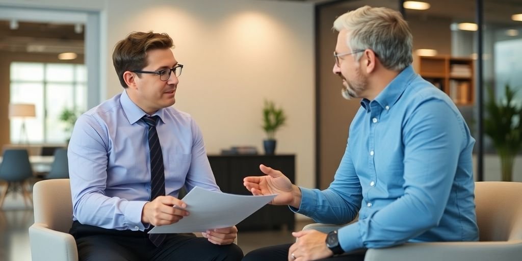 Assessor de investimentos conversando com cliente em escritório.
