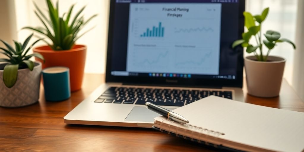 Escritório sereno com laptop e plantas decorativas.