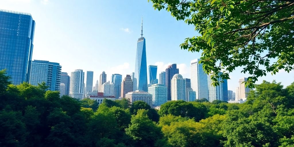 Cidade moderna com vegetação em primeiro plano.
