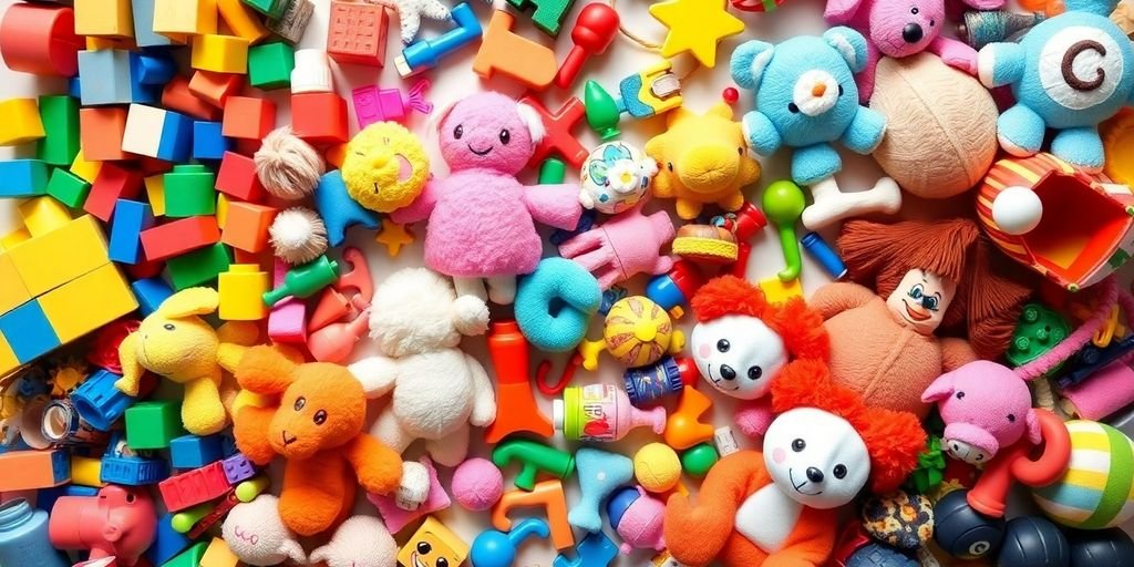 Brinquedos reciclados coloridos e criativos em arranjo.
