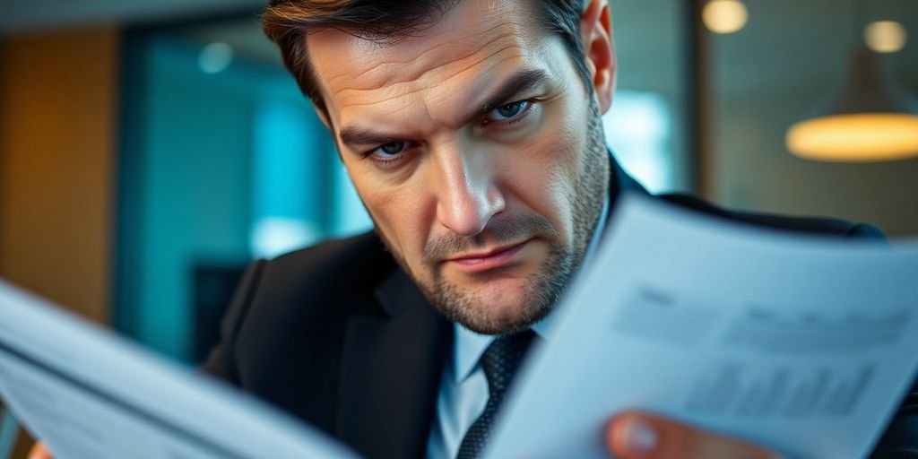 Profissional analisando documentos financeiros em ambiente corporativo.