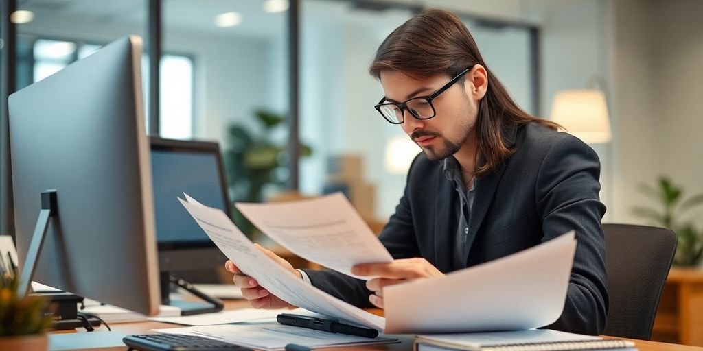 Profissional analisando documentos financeiros em escritório.