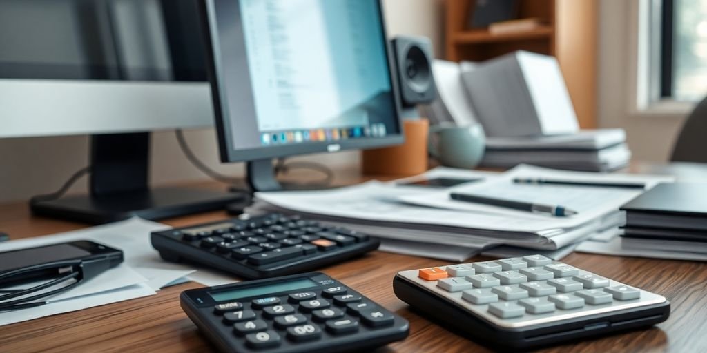 Escritório com documentos financeiros e computador.
