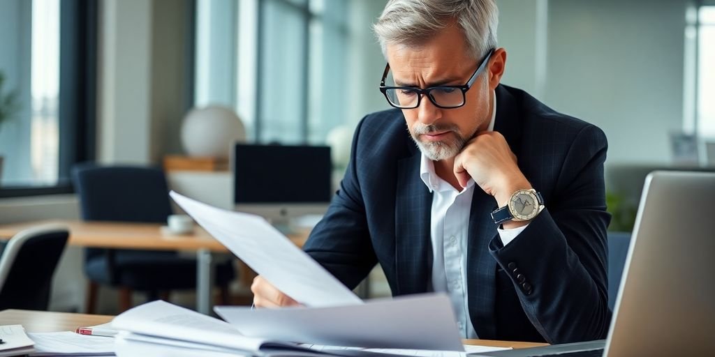 Empresário preocupado com dívidas e documentos financeiros.