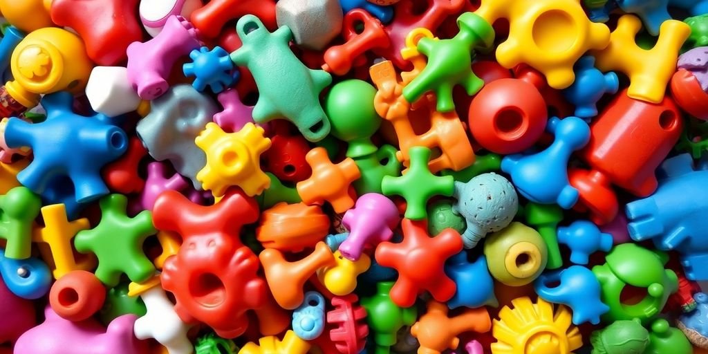 Brinquedos reciclados coloridos organizados de forma criativa.