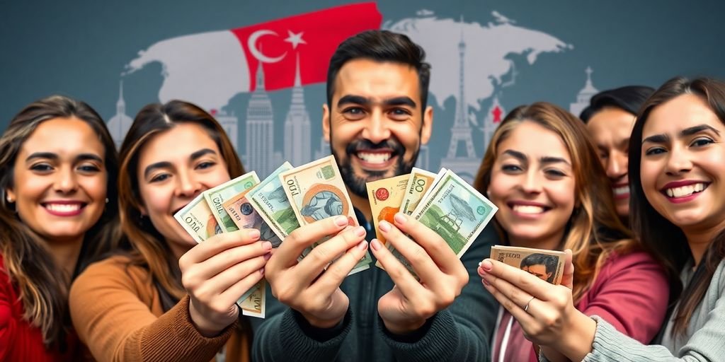 Grupo diverso recebendo dinheiro de diferentes países.