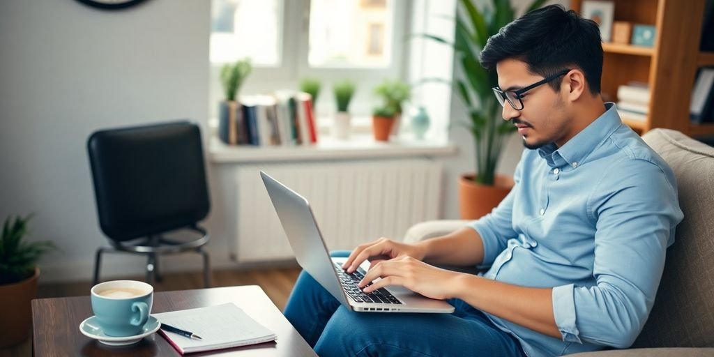 Empreendedor trabalhando em laptop com café e bloco.