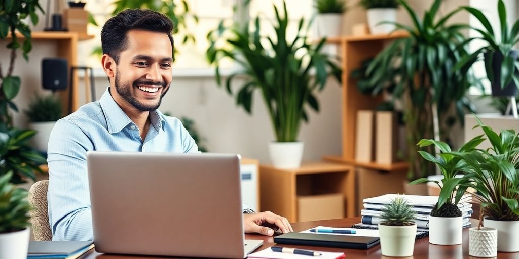 Empresário feliz usando laptop em escritório acolhedor.