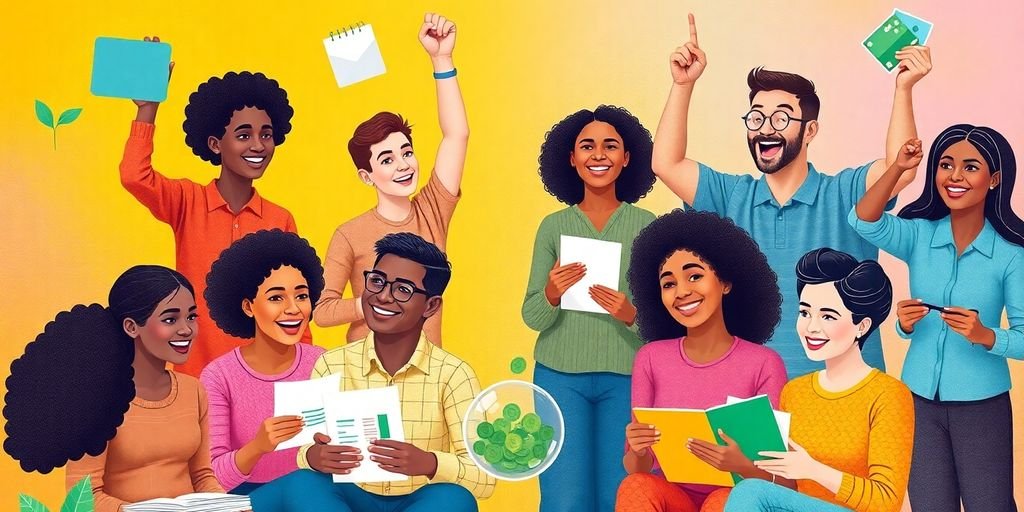 Grupo diverso discutindo sobre finanças pessoais.