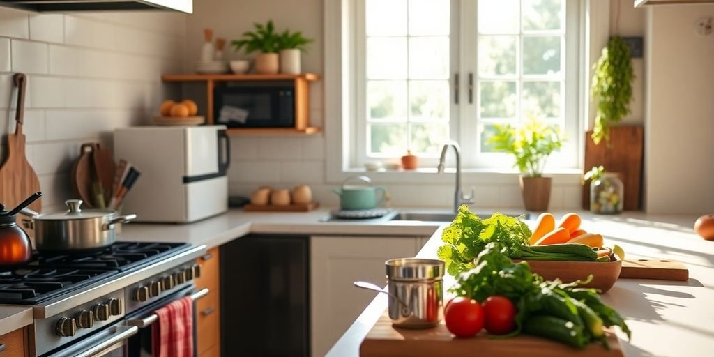 Cozinha eficiente com aparelhos modernos e luz natural.